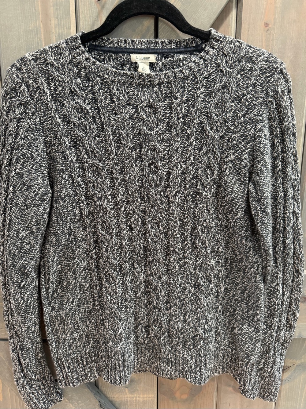 L.L. Bean Women's Black & White Marled Cable Crewneck Sweater